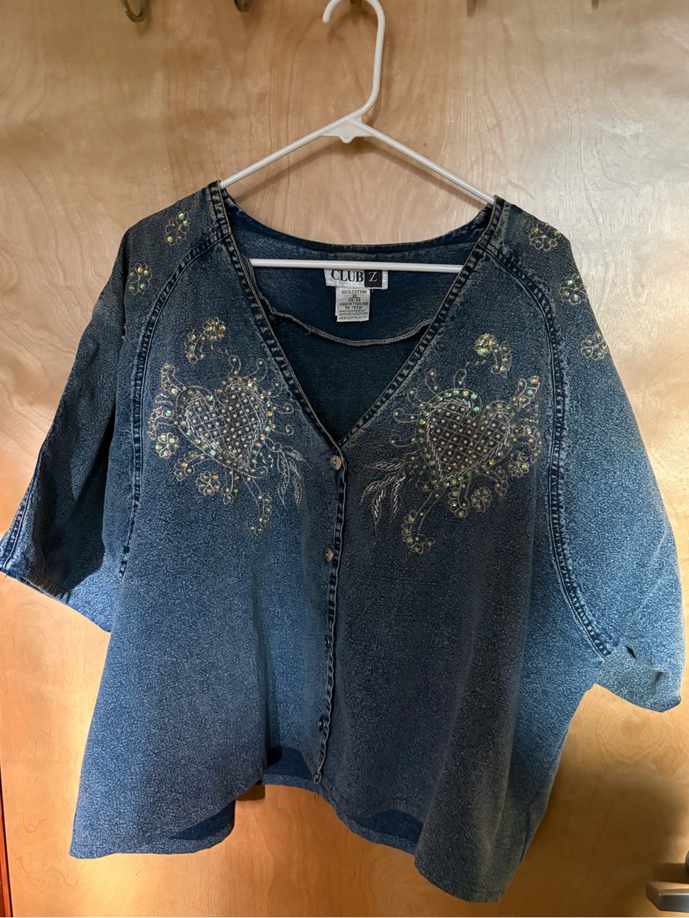 Vintage Club Z Acid Wash Denim V-Neck Top 3X Pearl Beaded Sequin Heart 80s 24 26